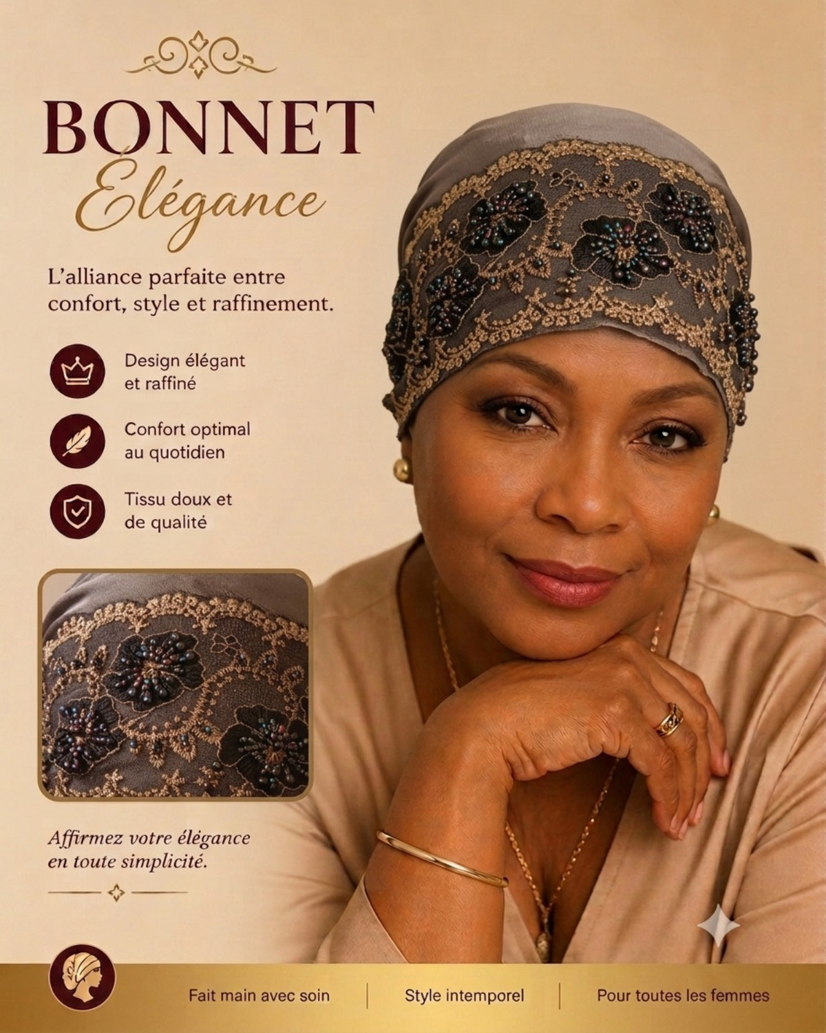 Bonnet Élégance gris brodé avec perles