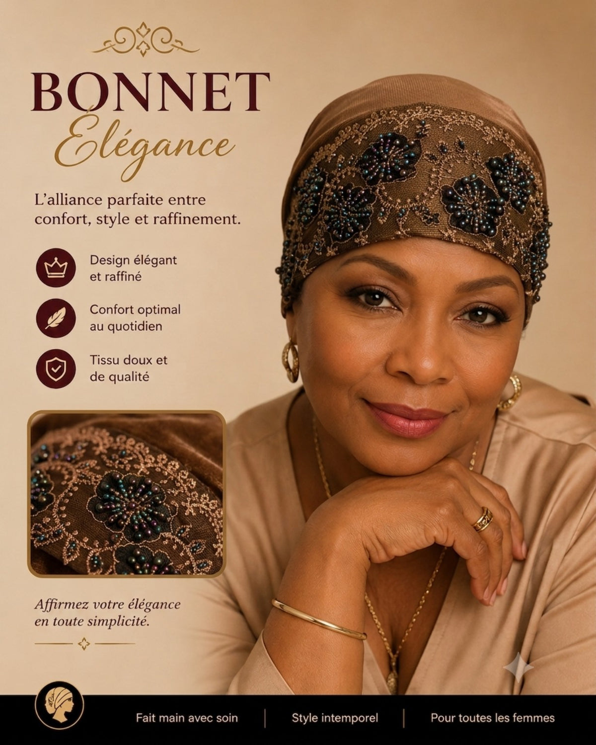 Bonnet Élégance kaki brodé avec perles