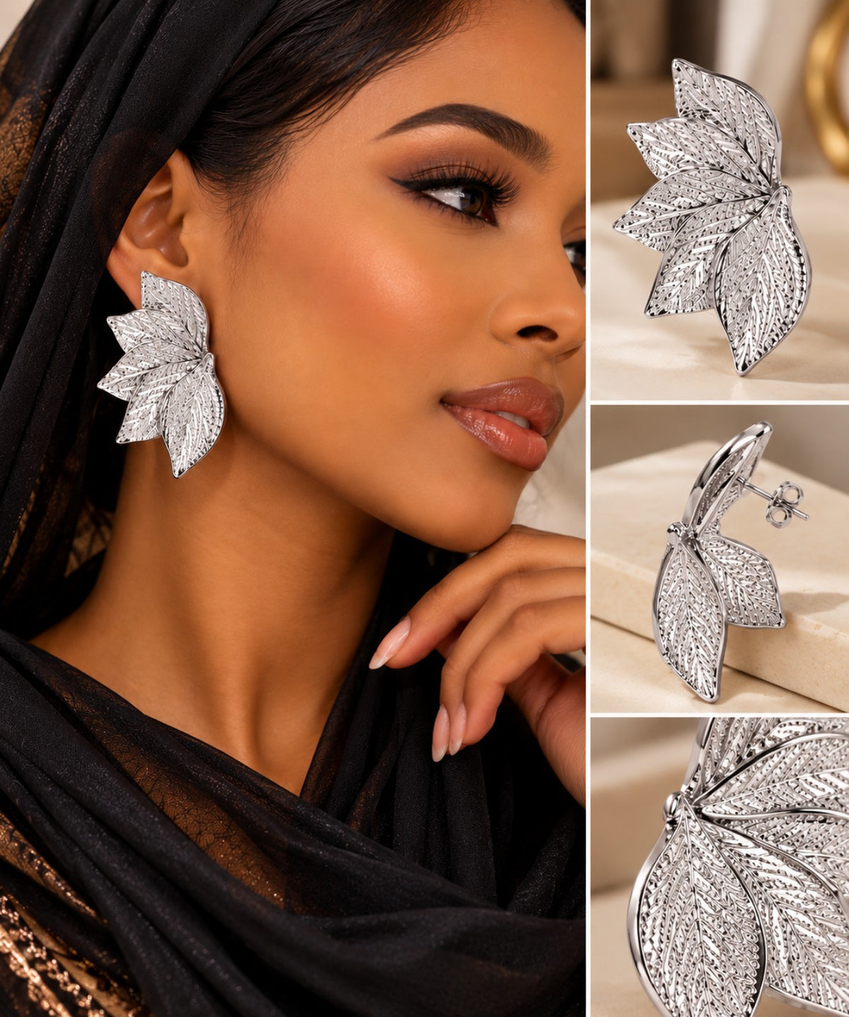 Boucles d’oreilles feuilles argentées en acier inoxydable