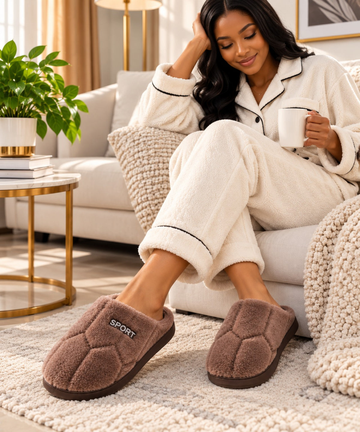 Chaussons fourrés marron portés