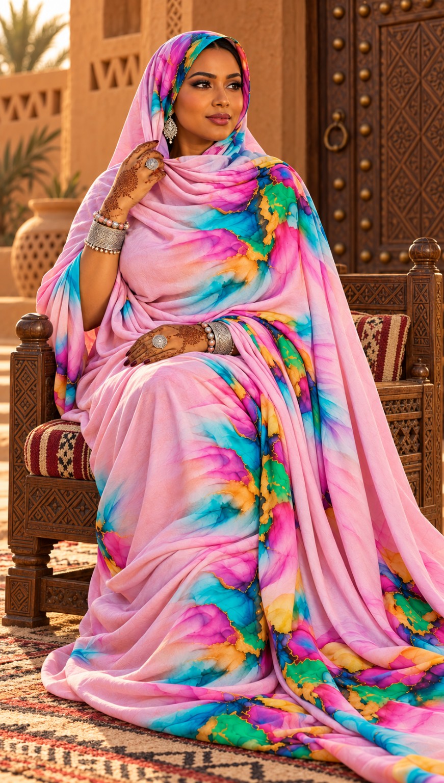 Maylouss cotton de Mauritanie multicolore rose – portée assise