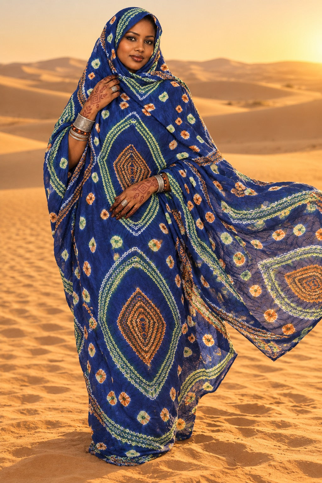 Meulfa thioup bleu de Mauritanie portée dans le désert
