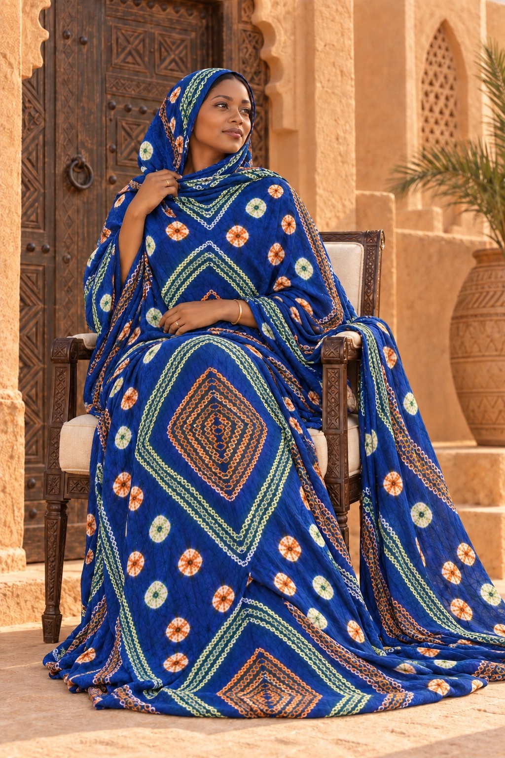Meulfa thioup bleu de Mauritanie portée en position assise