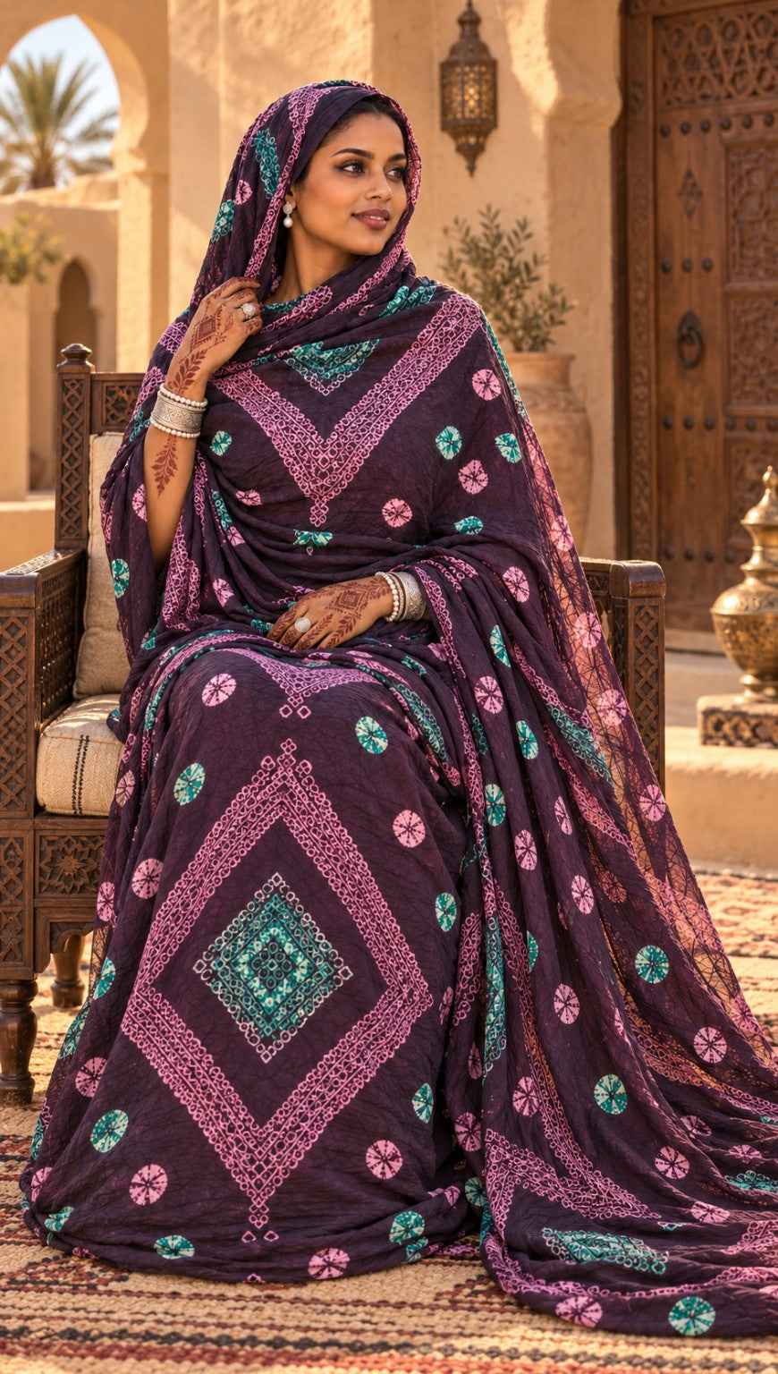 Meulfa thioup multicolore mauve de Mauritanie – assise