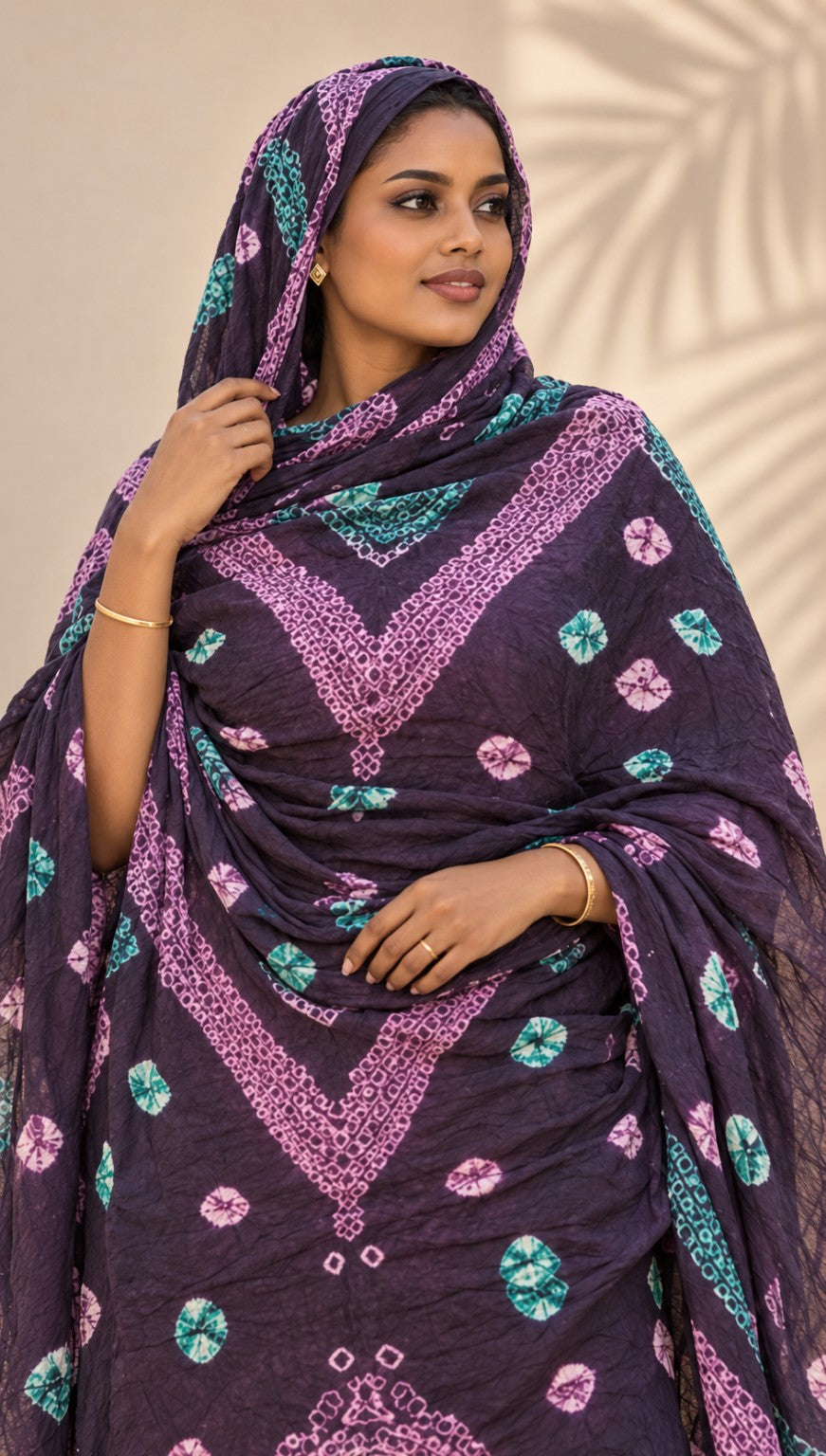 Meulfa thioup multicolore mauve de Mauritanie – portrait porté