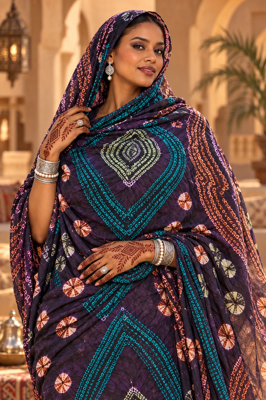 Meulfa thioup de Mauritanie multicolore prune et turquoise – portrait