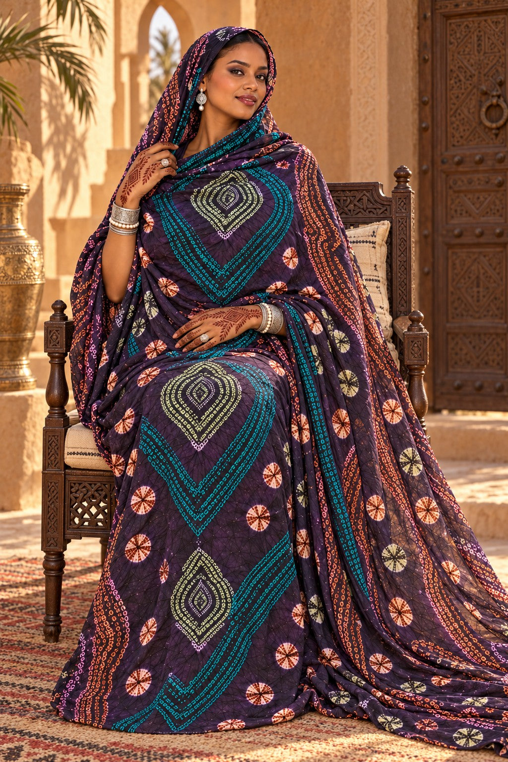 Meulfa thioup de Mauritanie multicolore prune et turquoise – portée assise