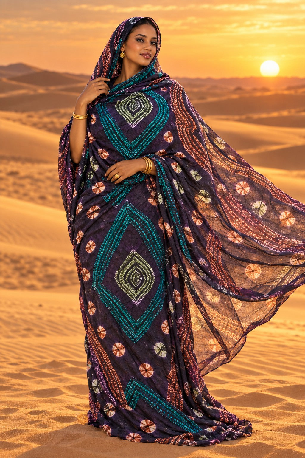 Meulfa thioup de Mauritanie multicolore prune et turquoise – portée au désert