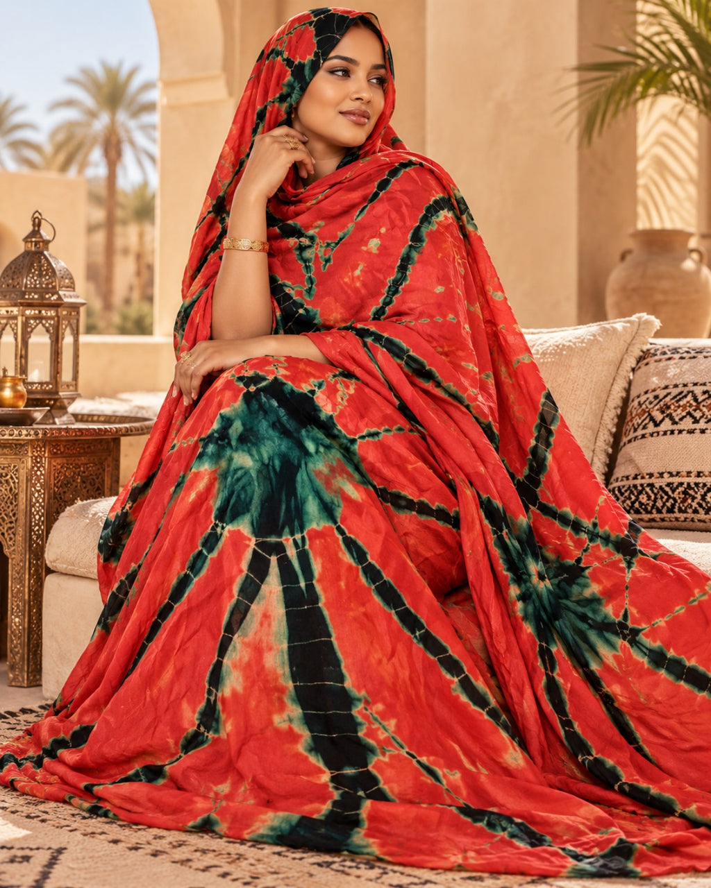 Meulfa thioup rouge de Mauritanie – vue assise élégante