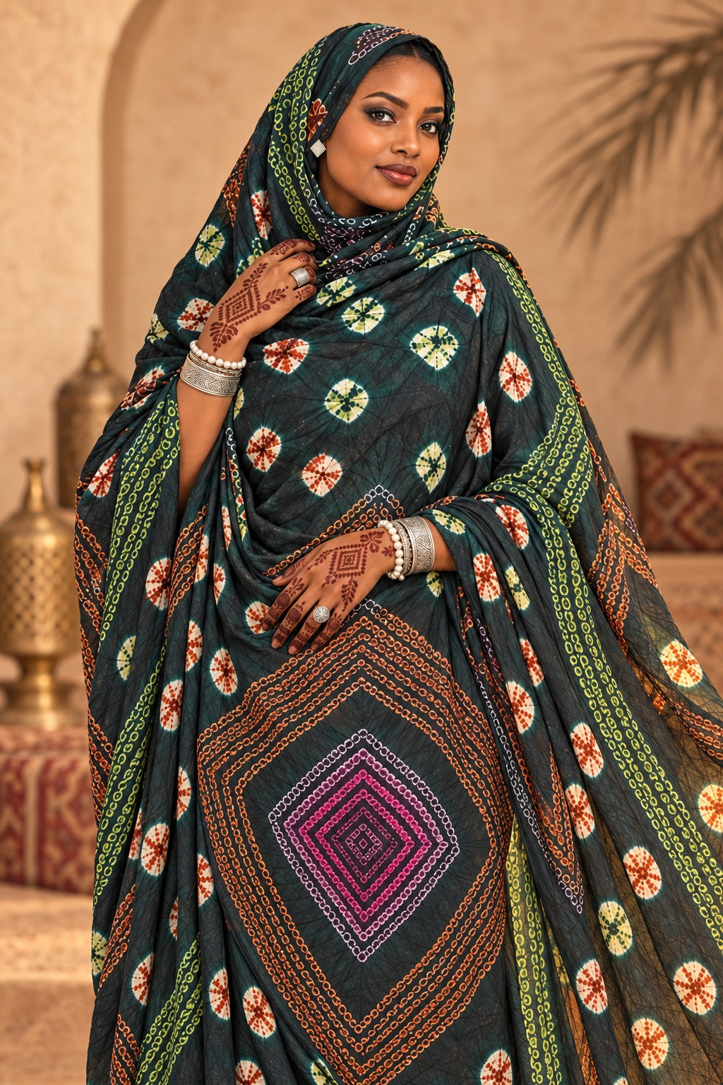Portrait avec meulfa thioup vert de Mauritanie