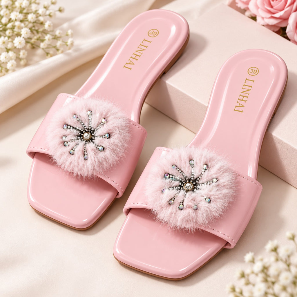 Mules LINHAI rose bonbon avec pompon et bijou, pointure 39