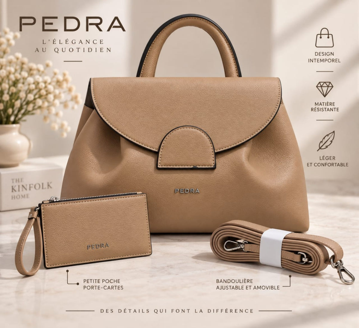 Ensemble PEDRA beige 30 cm avec sac, pochette et bandoulière