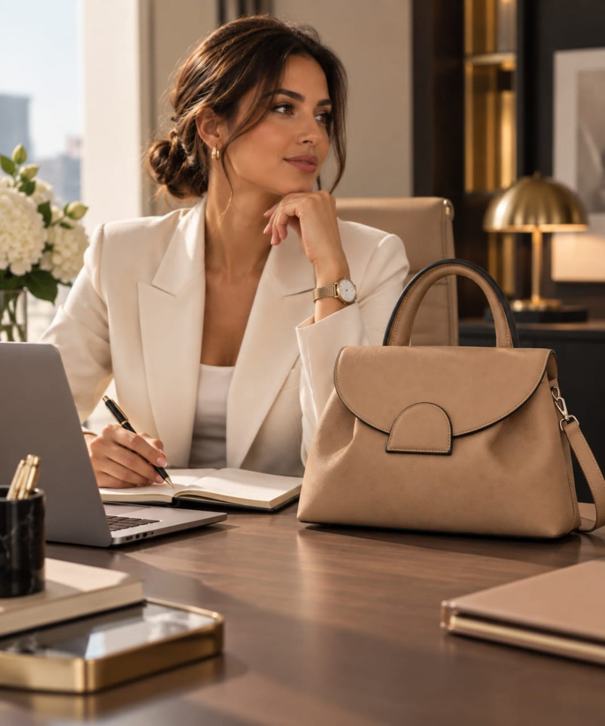 Sac PEDRA beige 30 cm présenté dans un décor de bureau