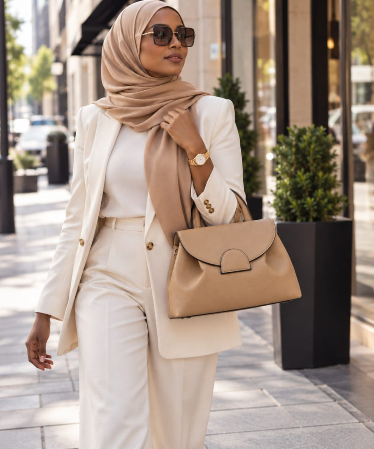 Sac PEDRA beige 30 cm porté à la main en ville