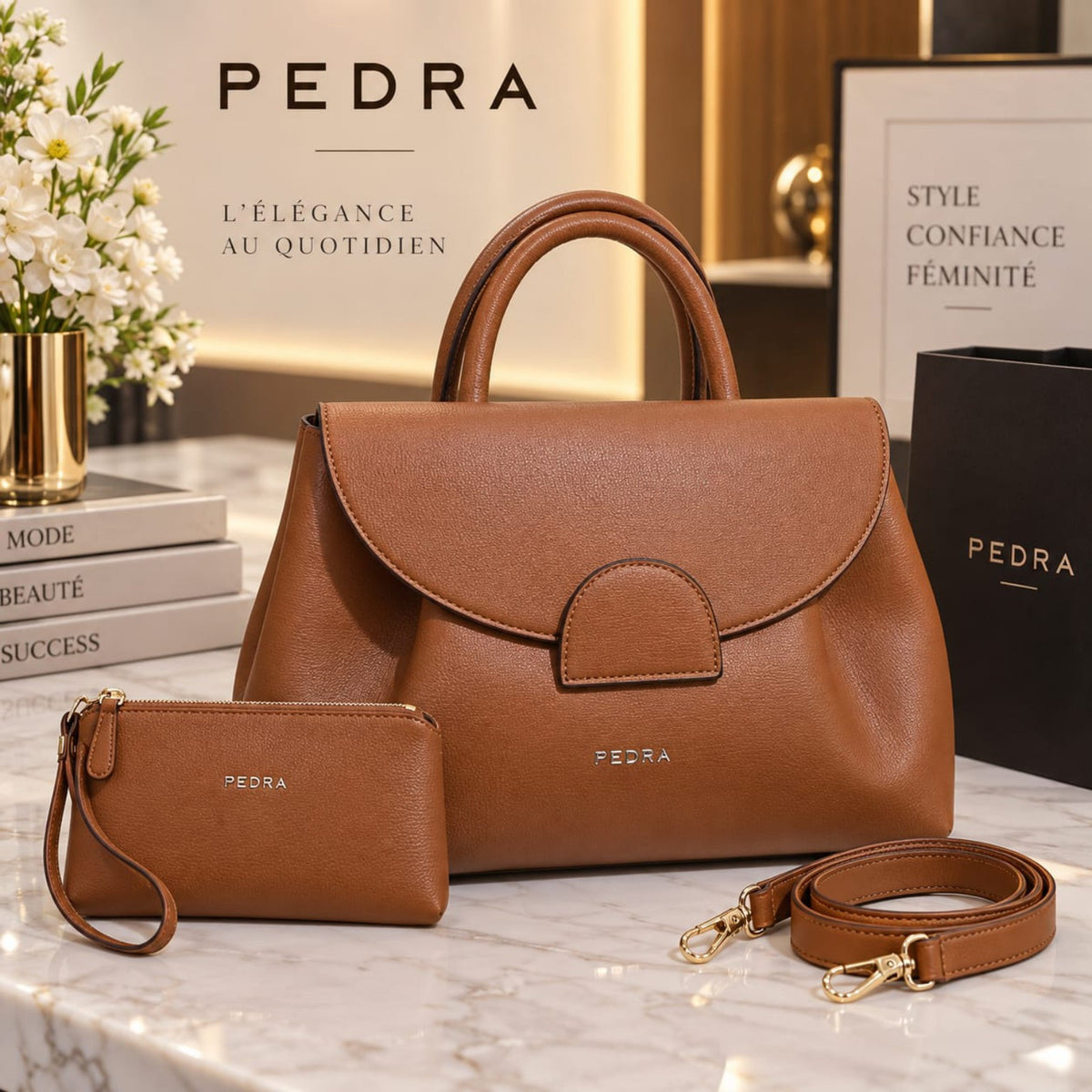 Ensemble PEDRA camel 30 cm avec sac, pochette et bandoulière