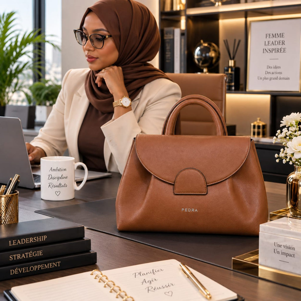 Sac PEDRA camel 30 cm présenté dans un décor de bureau