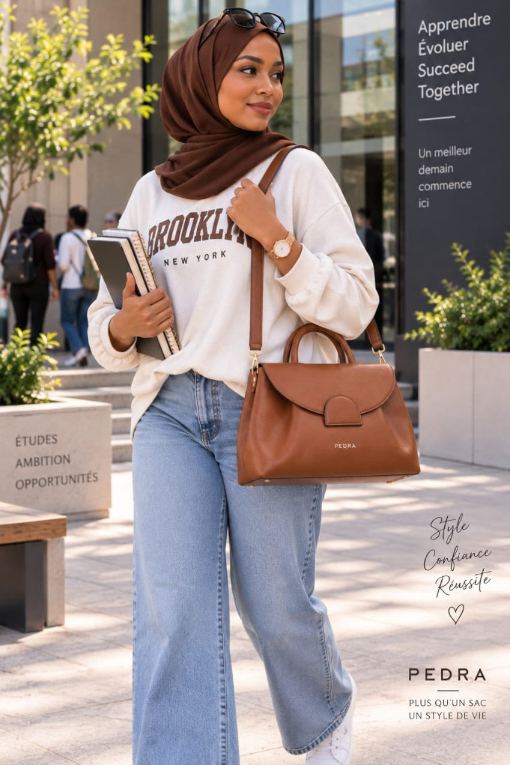 Sac PEDRA camel 30 cm porté à l’épaule en ville