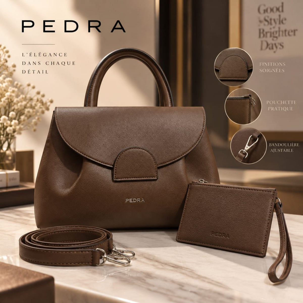 Ensemble PEDRA marron chocolat 30 cm avec sac, pochette et bandoulière