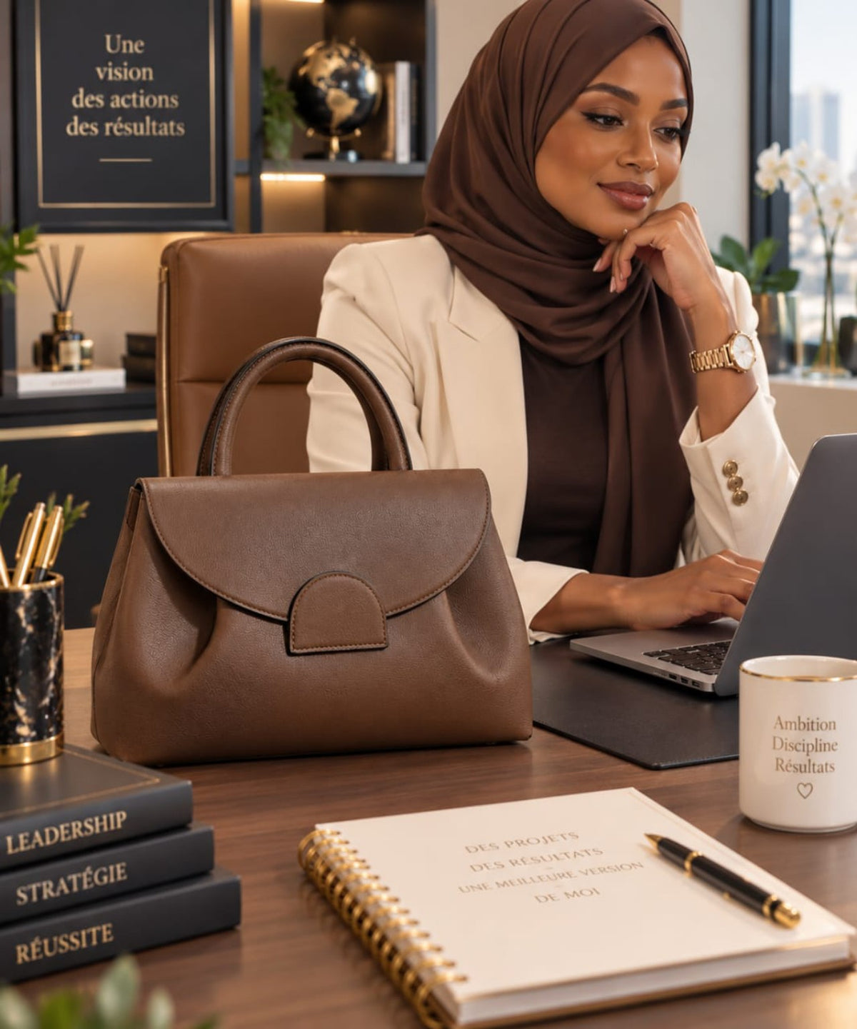 Sac PEDRA marron chocolat 30 cm présenté dans un décor de bureau