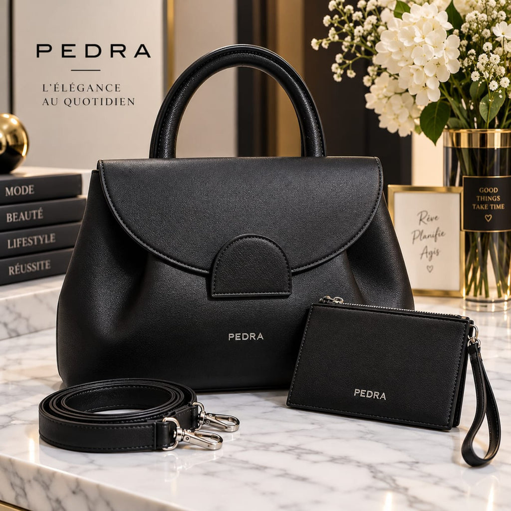 Ensemble PEDRA noir 30 cm avec sac, pochette et bandoulière