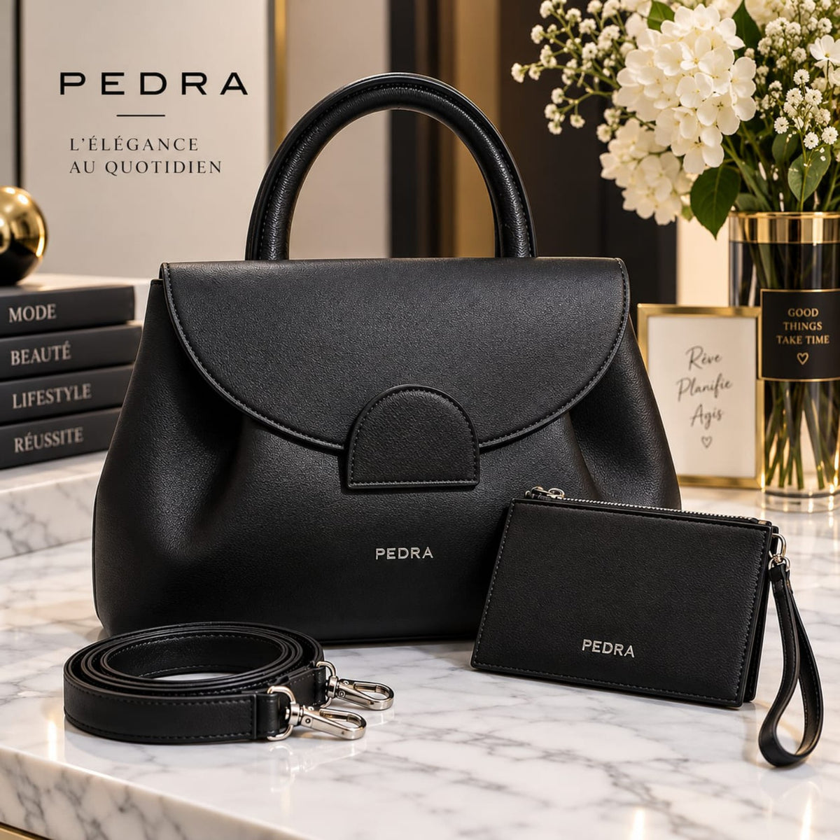 Ensemble PEDRA noir 30 cm avec sac, pochette et bandoulière