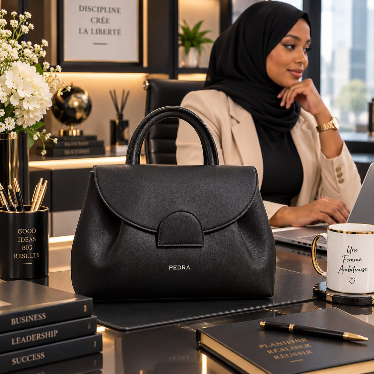 Sac PEDRA noir 30 cm présenté dans un décor de bureau