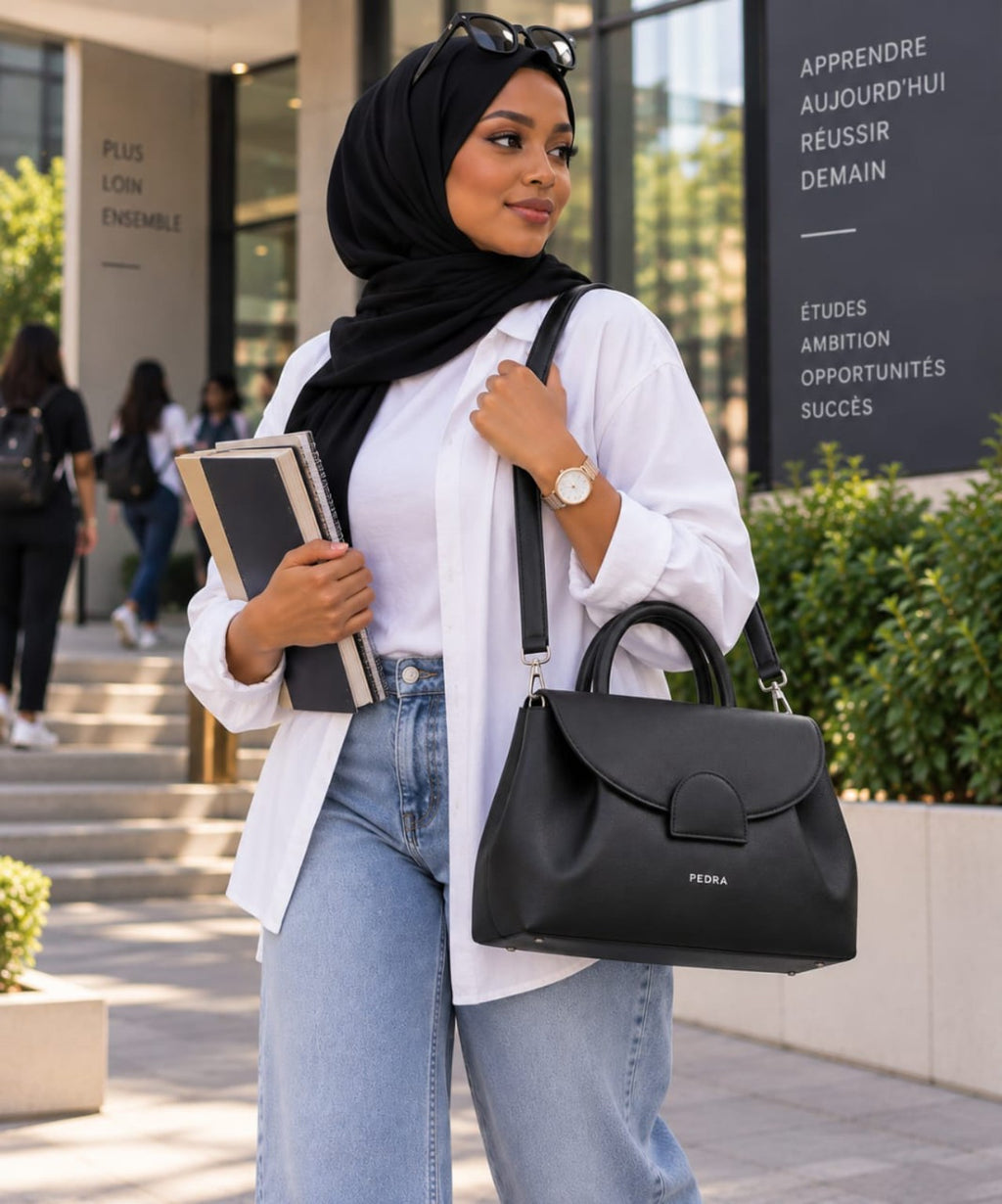 Sac PEDRA noir 30 cm porté à l’épaule en ville