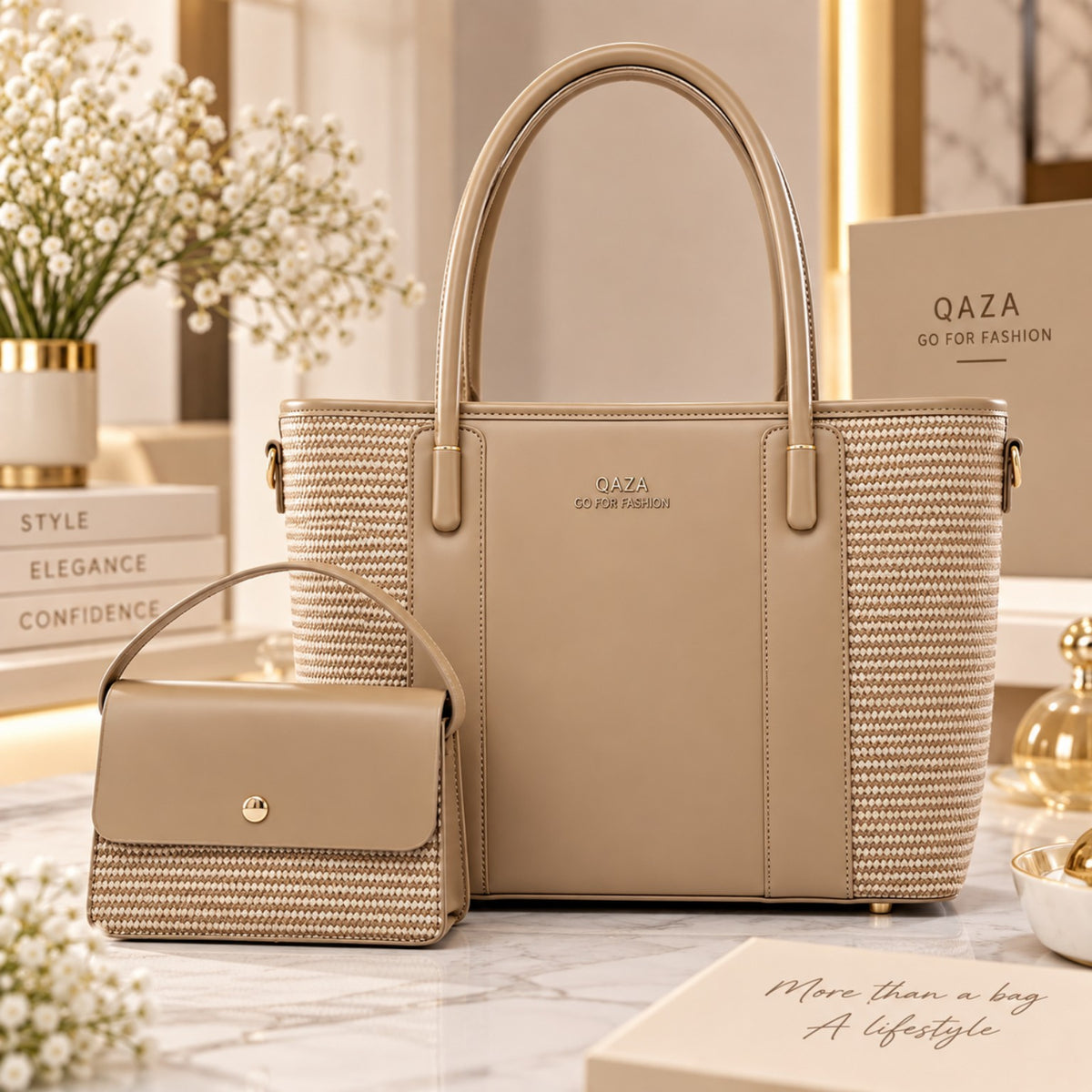 Sac QASA beige 35 cm avec mini sac assorti