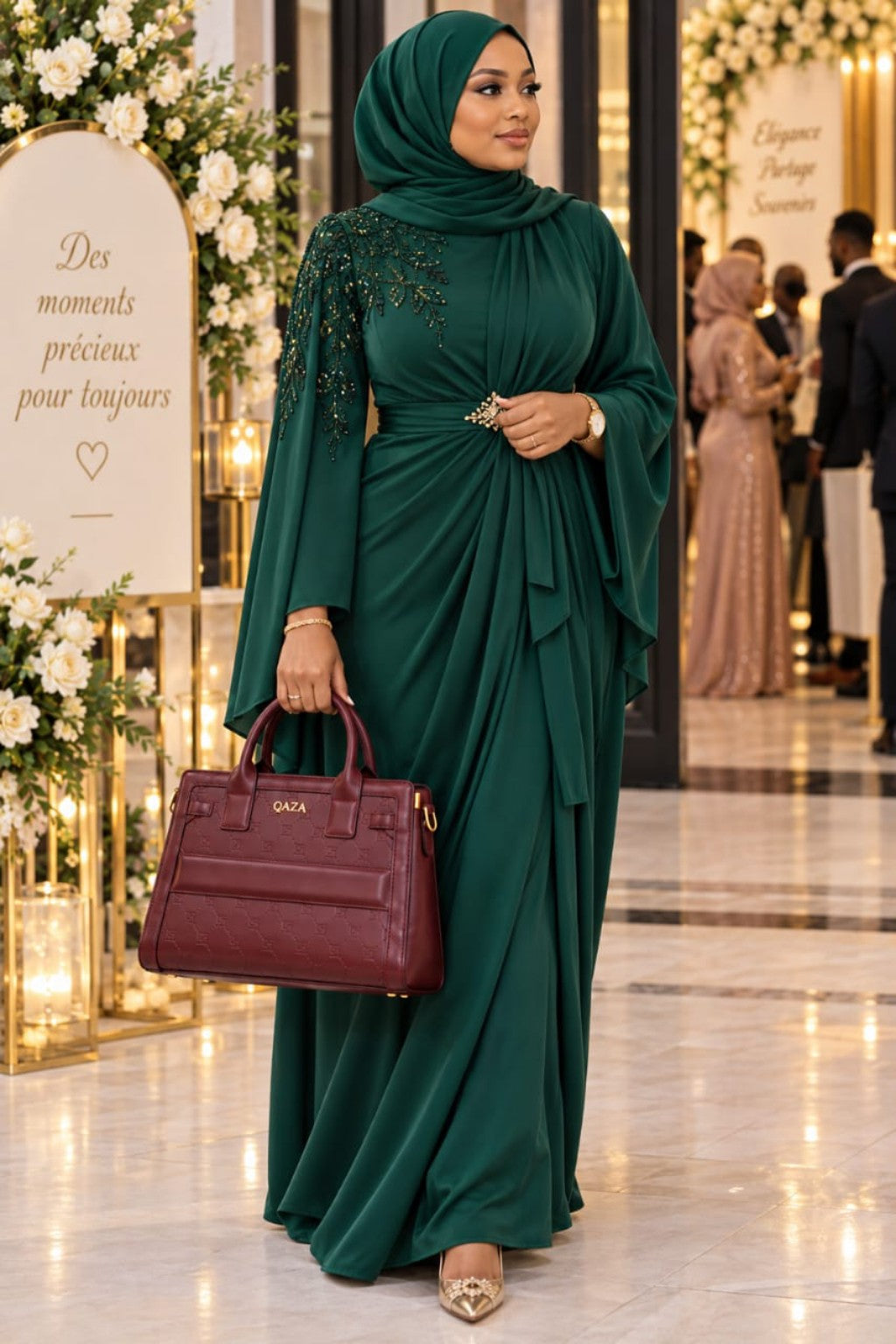Sac QASA bordeaux 28 cm porté pour une cérémonie