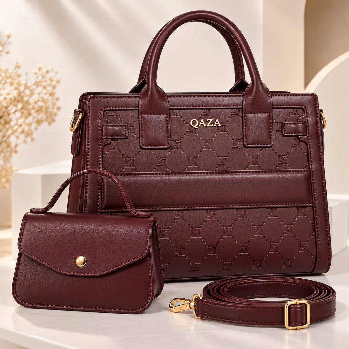 Sac QASA bordeaux 28 cm avec mini sac et bandoulière