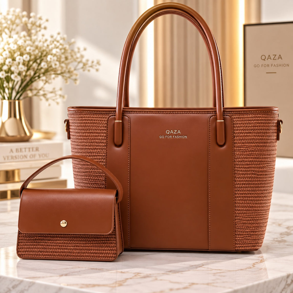 Sac QASA camel 35 cm avec mini sac assorti