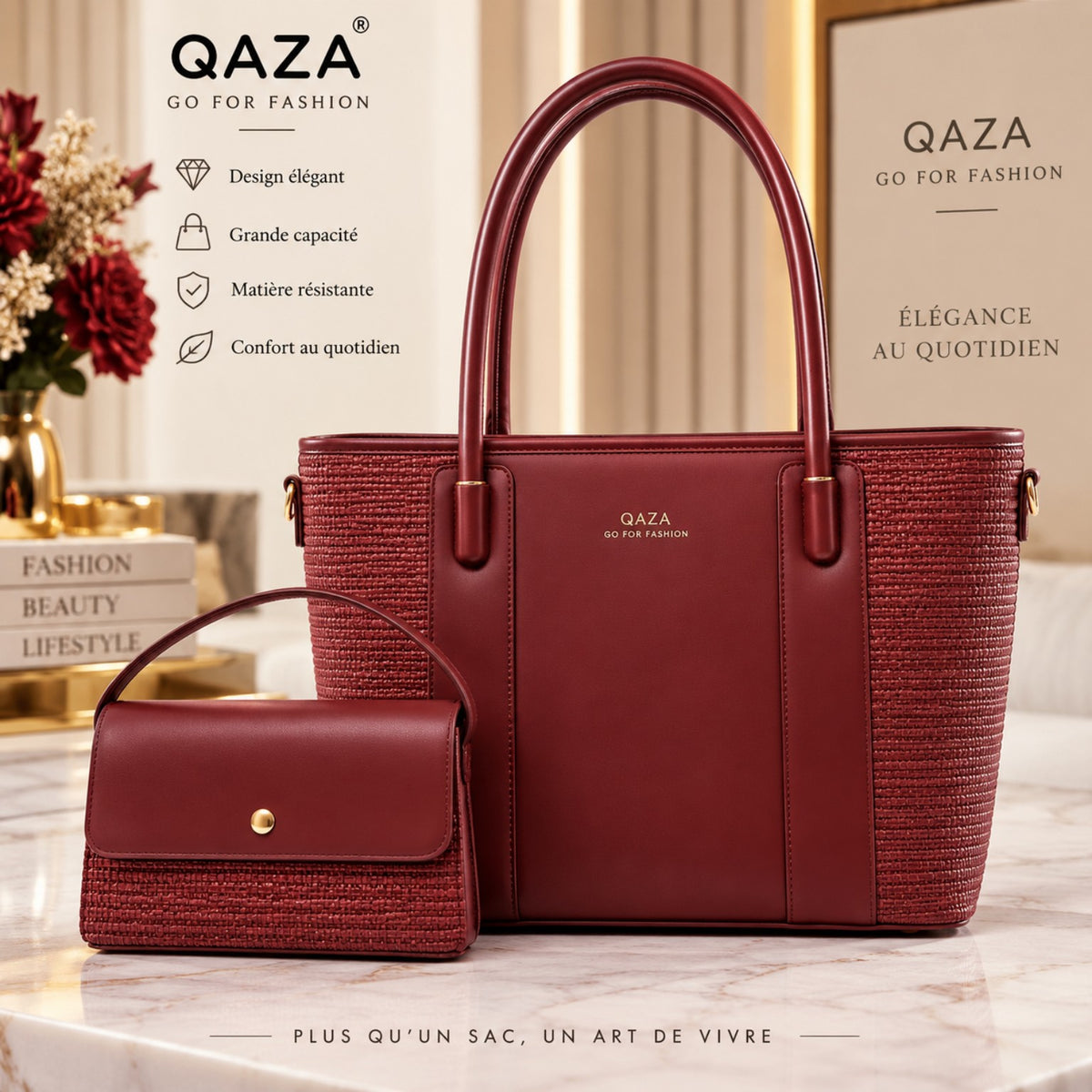 Sac QASA rouge bordeaux 35 cm avec mini sac assorti