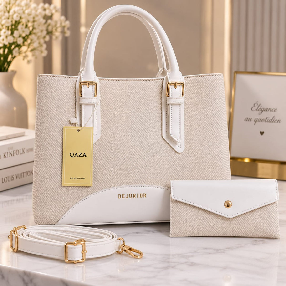 Ensemble QAZA beige clair 28 cm avec grand sac, mini-sac et bandoulière
