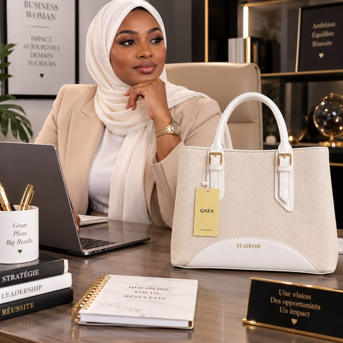 Grand sac QAZA beige clair 28 cm présenté dans un décor de bureau