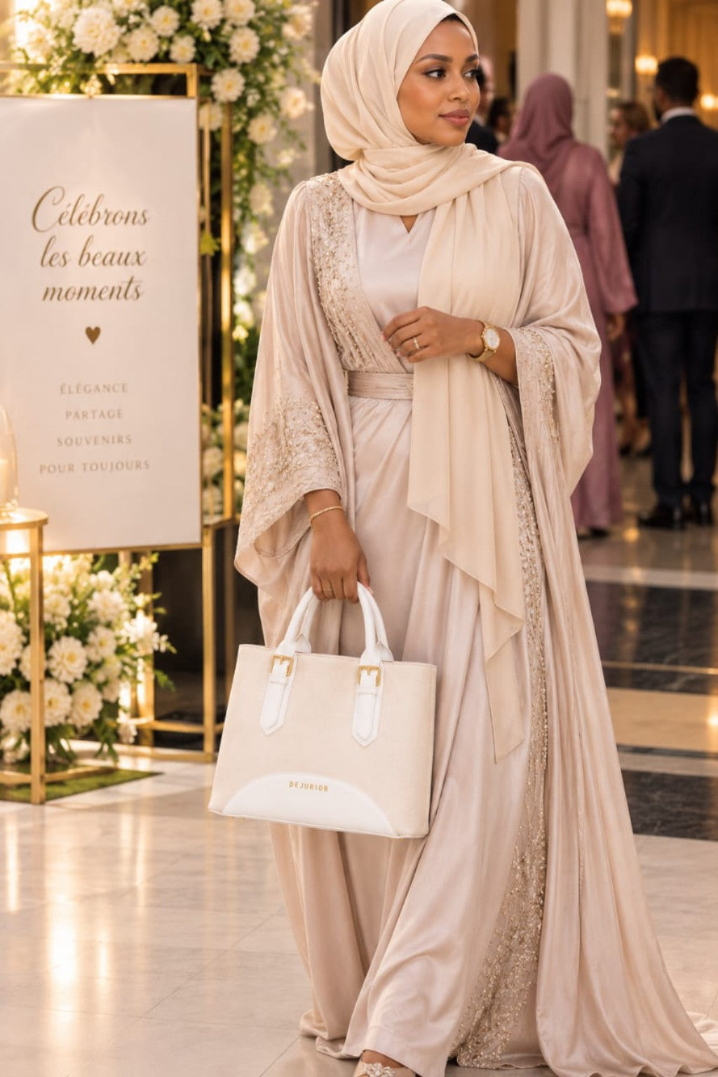 Sac QAZA beige clair 28 cm porté lors d’une cérémonie