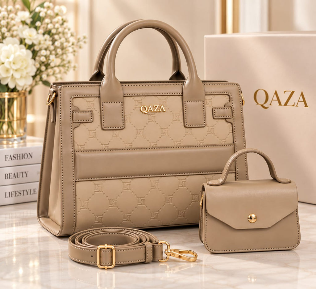 Ensemble QAZA beige 28 cm avec grand sac, mini-sac et bandoulière