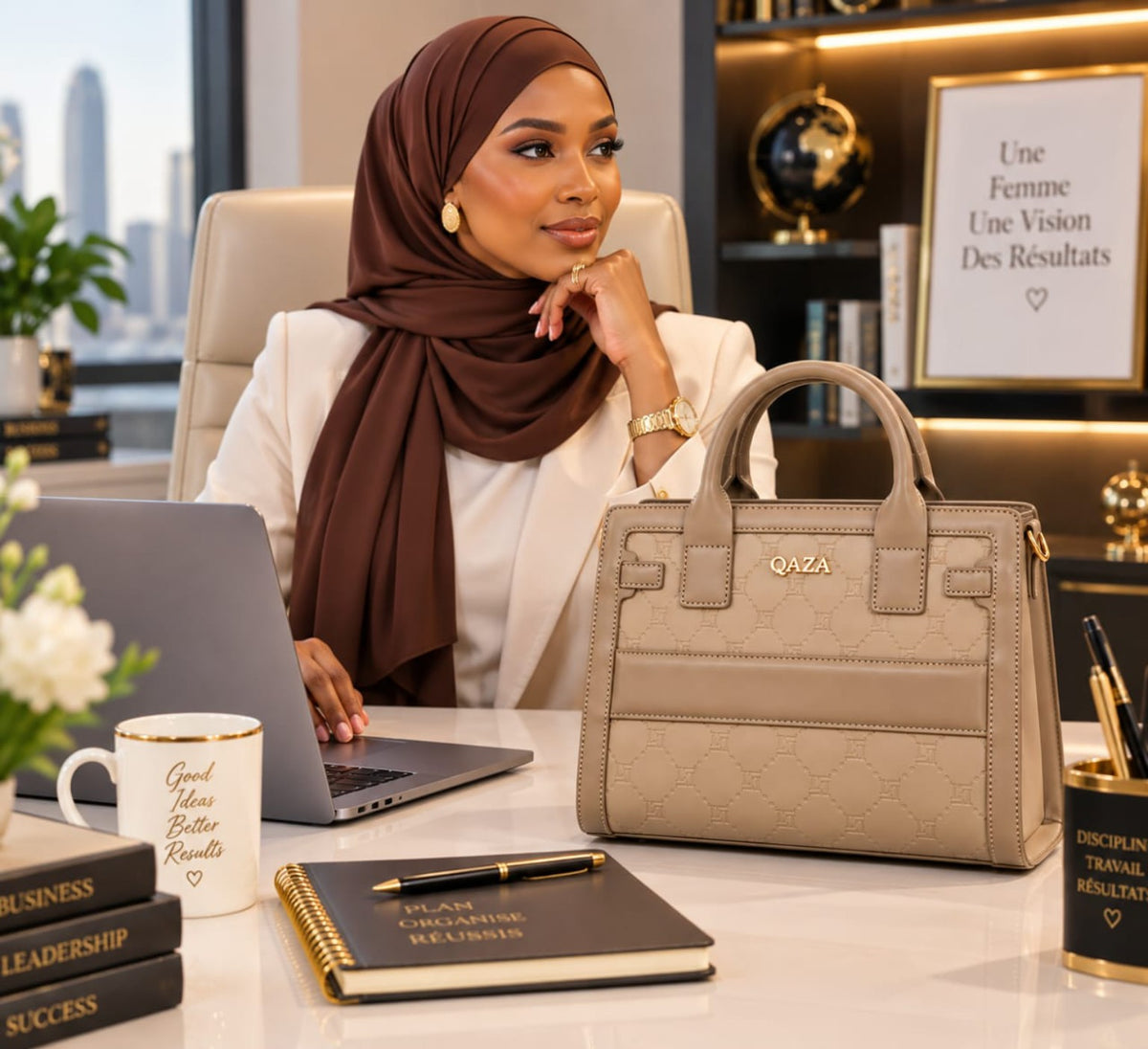 Sac QAZA beige 28 cm présenté dans un décor de bureau