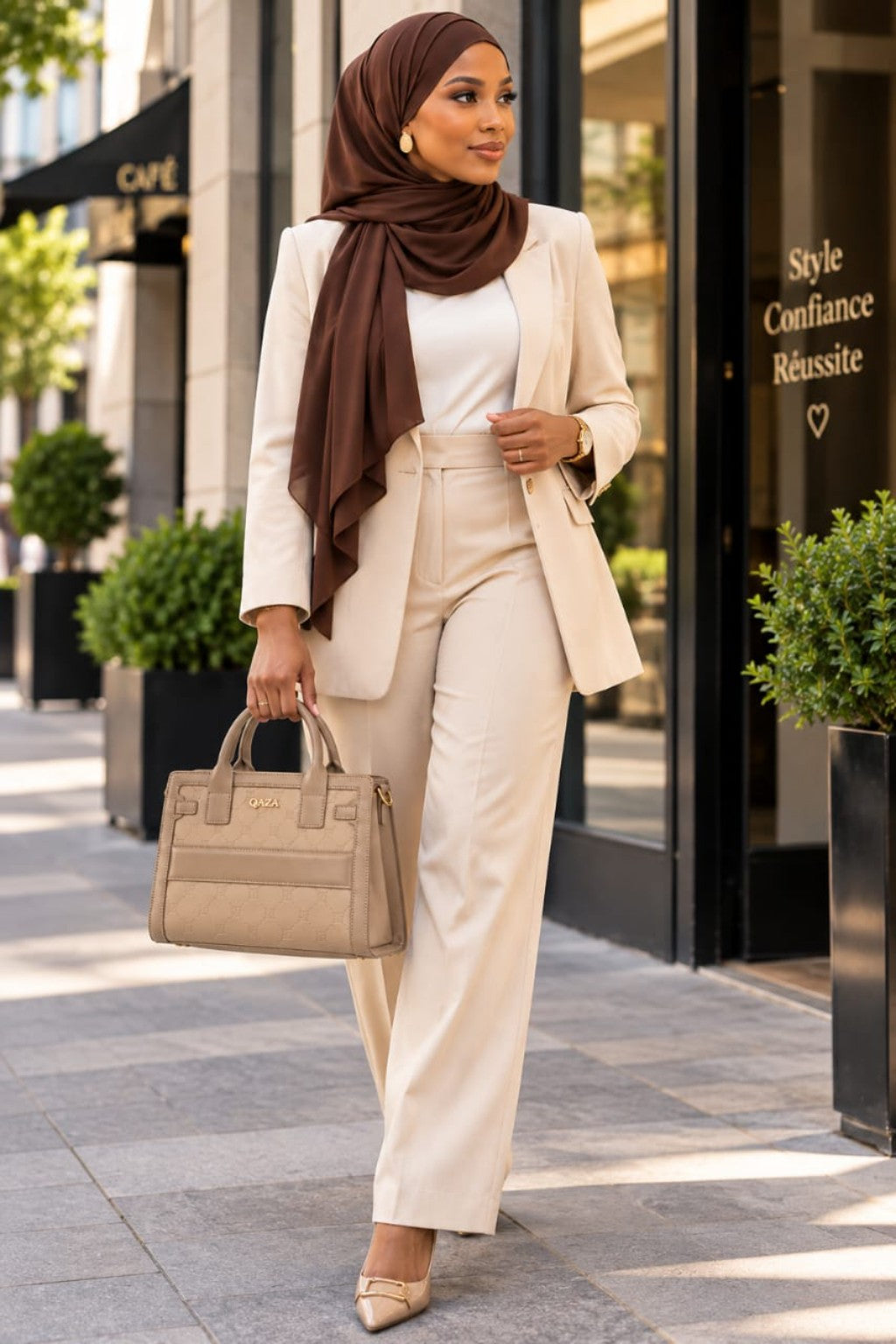 Sac QAZA beige 28 cm porté à la main en ville