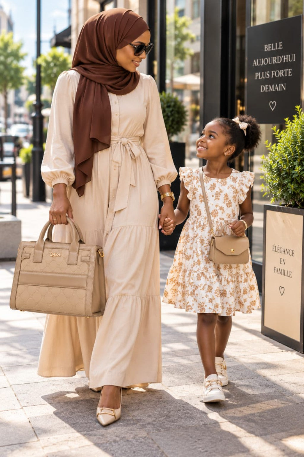 Grand sac et mini-sac QAZA beige 28 cm portés en ville