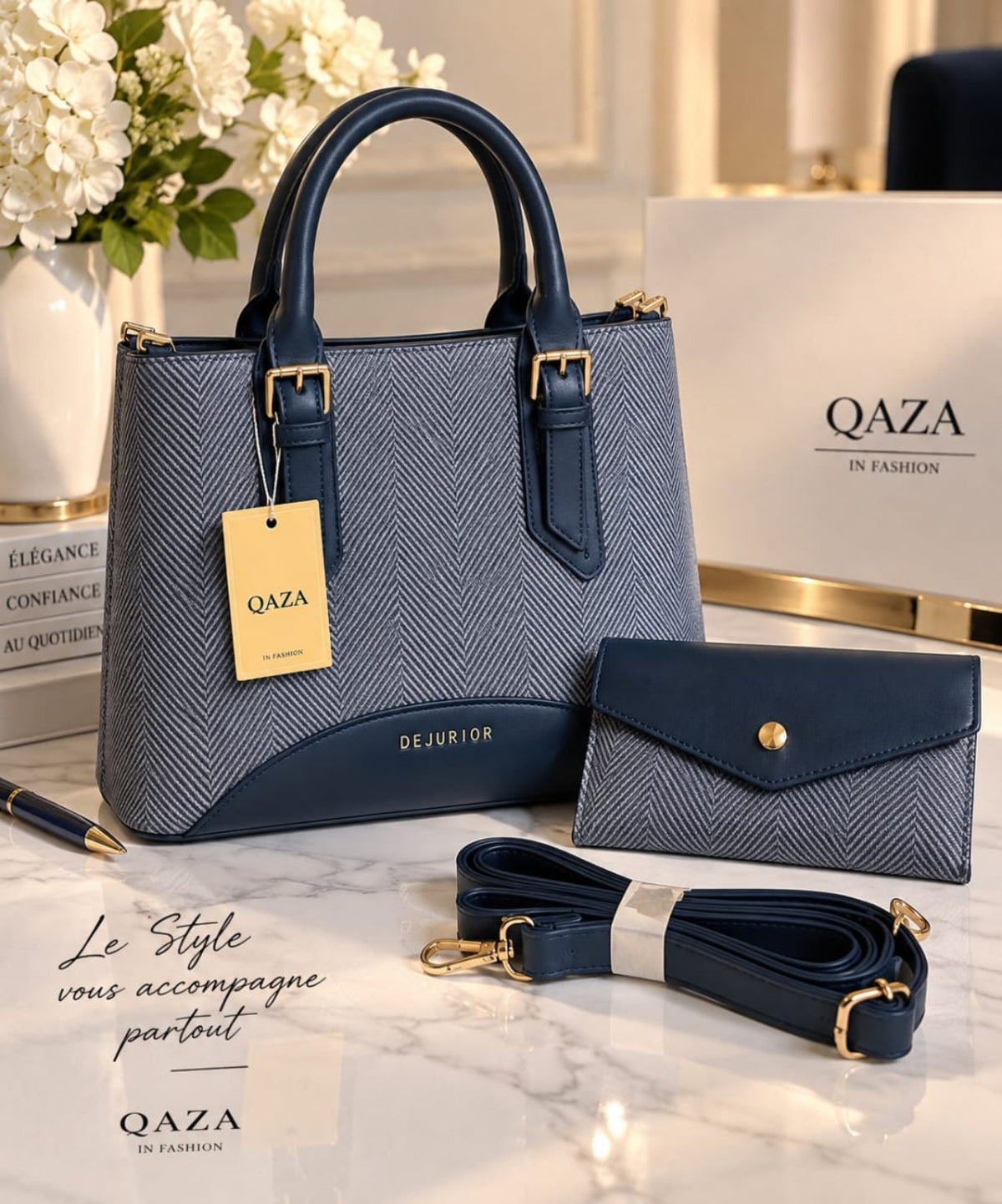 Ensemble QAZA bleu marine 28 cm avec grand sac, mini-sac et bandoulière