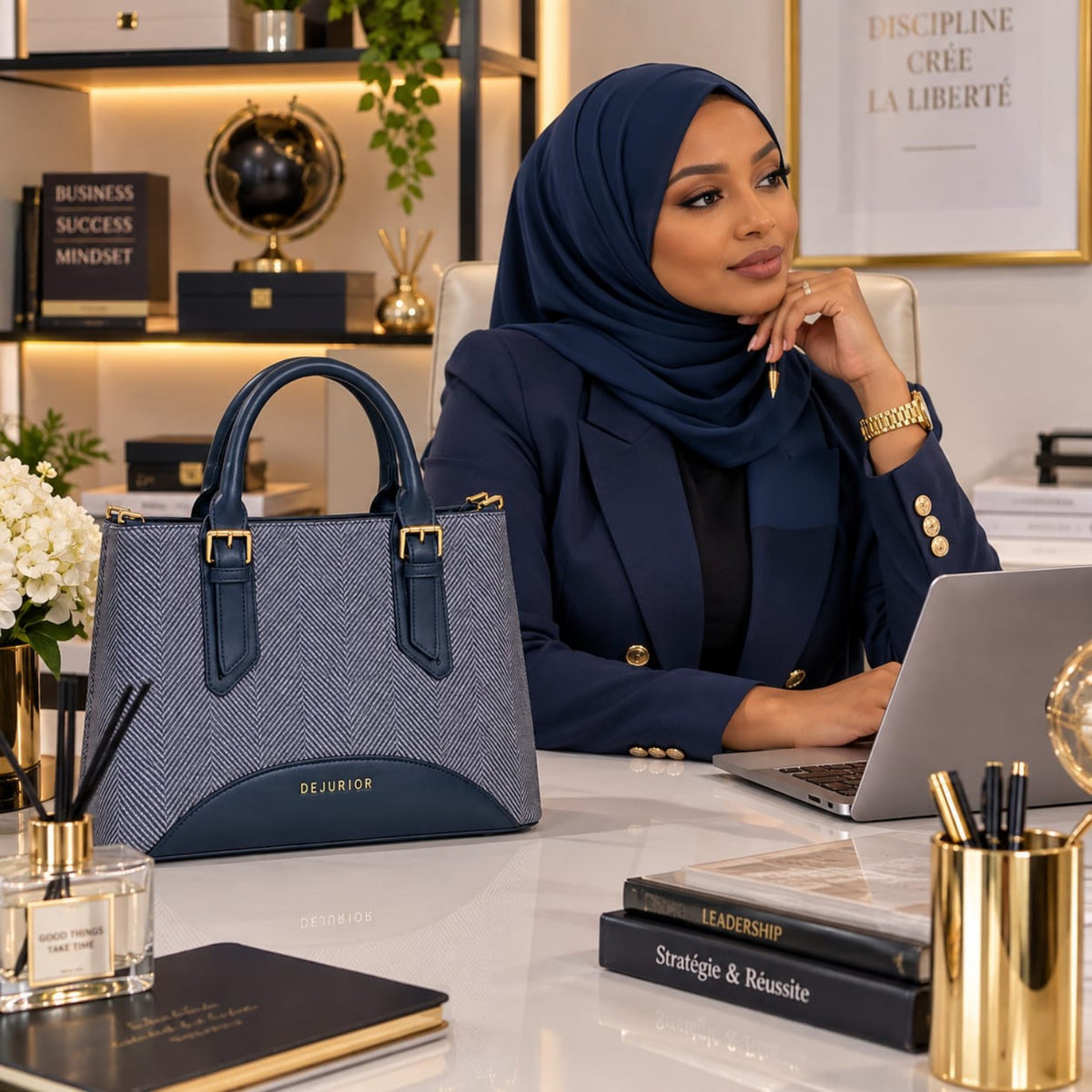 Grand sac QAZA bleu marine 28 cm présenté dans un décor de bureau