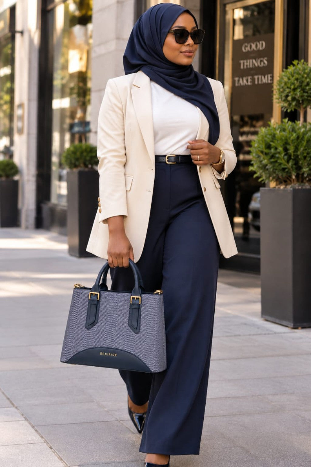Sac QAZA bleu marine 28 cm porté à la main en ville