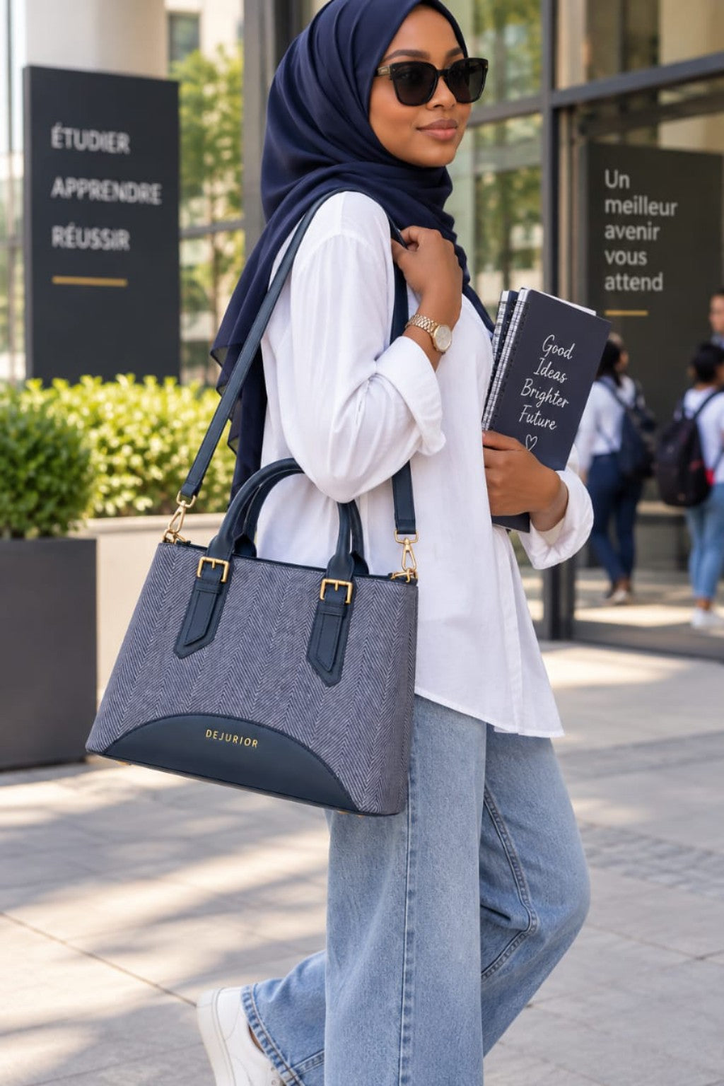 Sac QAZA bleu marine 28 cm porté à l’épaule avec sa bandoulière