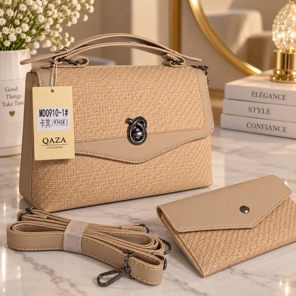 Ensemble QAZA kaki 25 cm avec sac, mini-sac et bandoulière