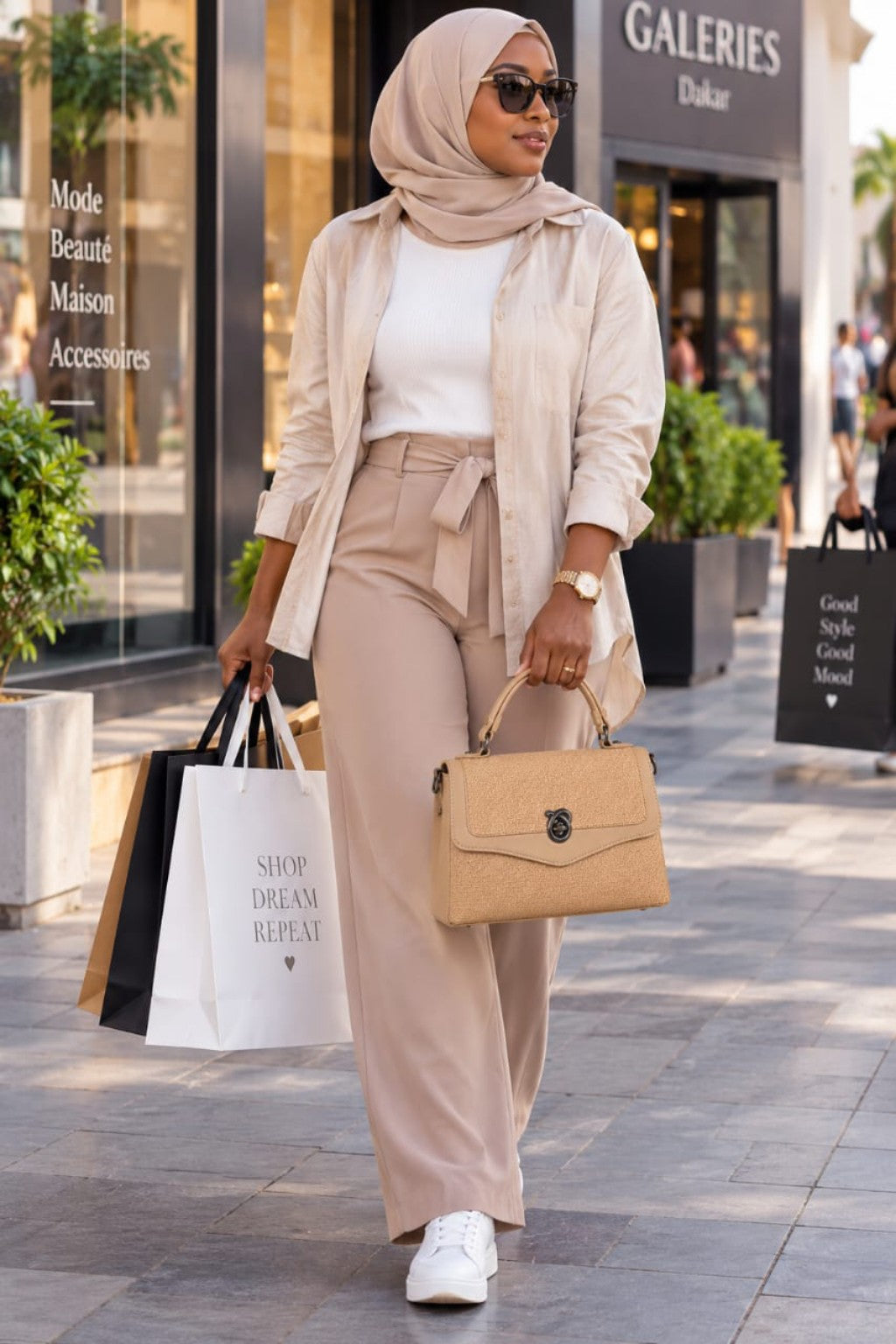 Sac QAZA kaki 25 cm porté lors d’une sortie shopping