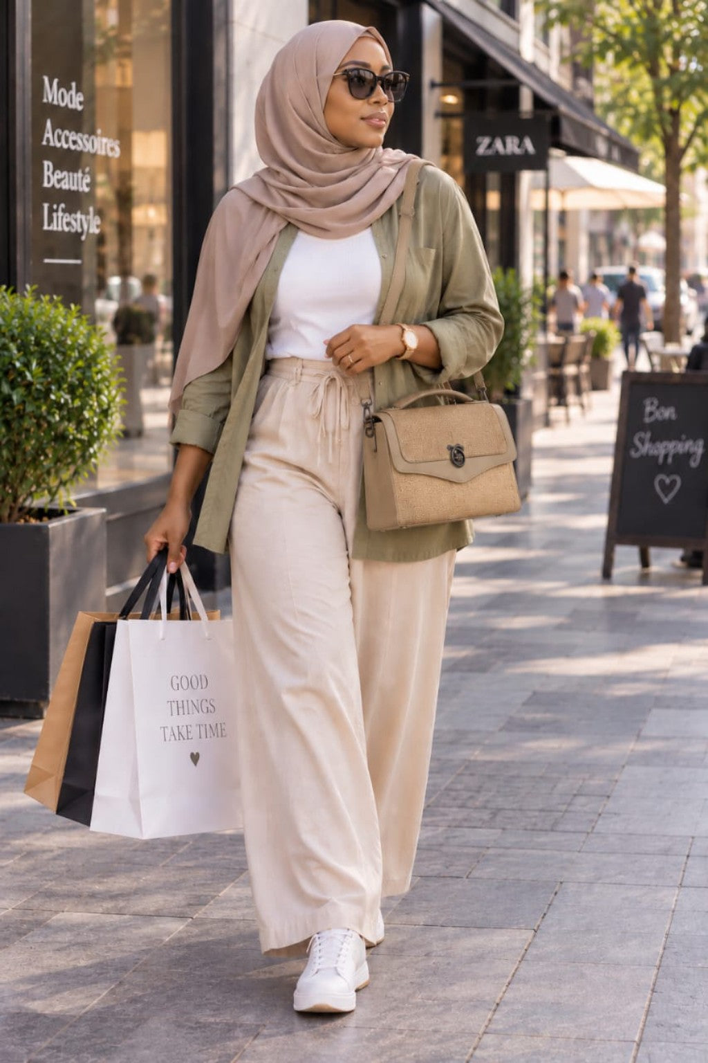Sac QAZA kaki 25 cm porté en ville