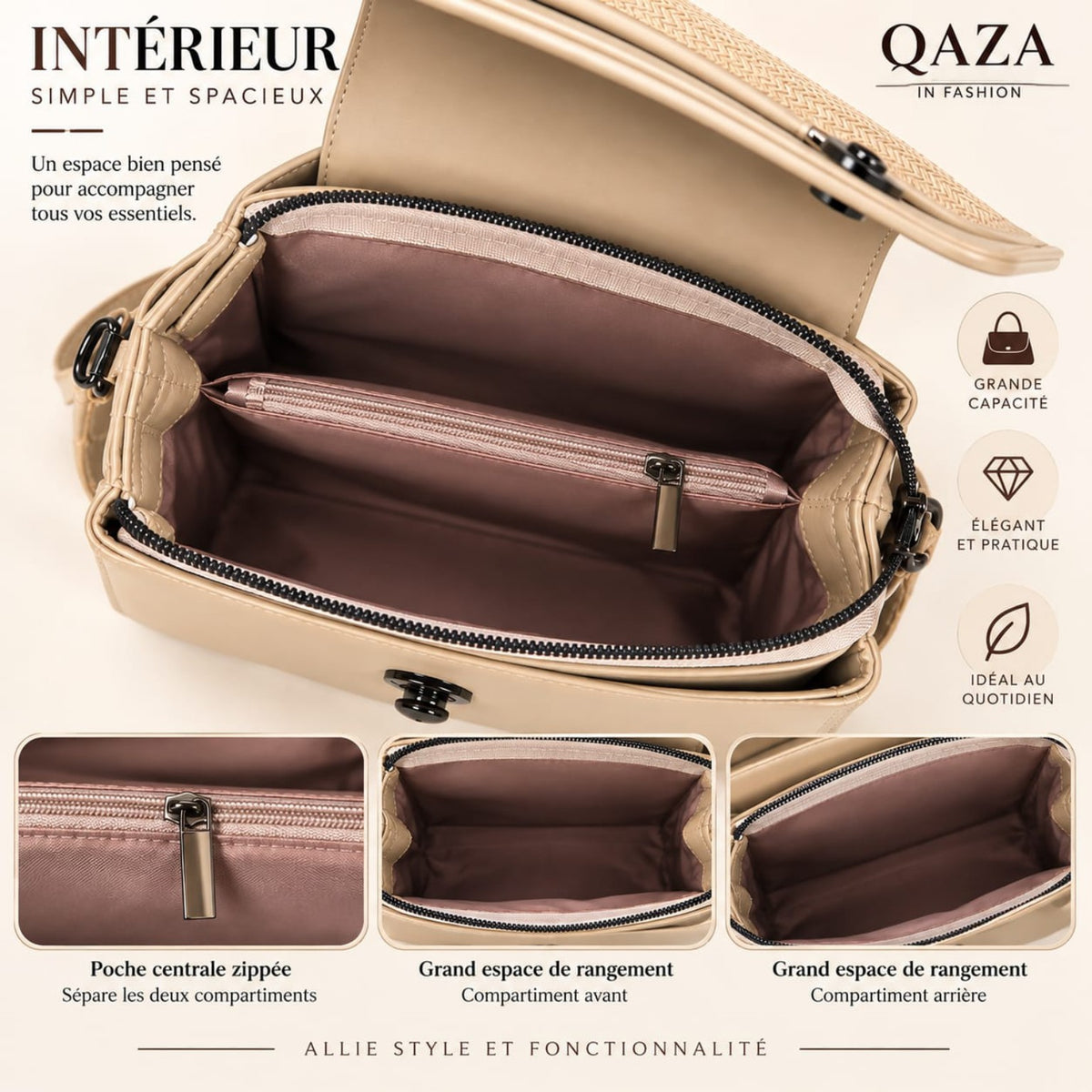 Vue détaillée de l’intérieur du sac QAZA kaki 25 cm