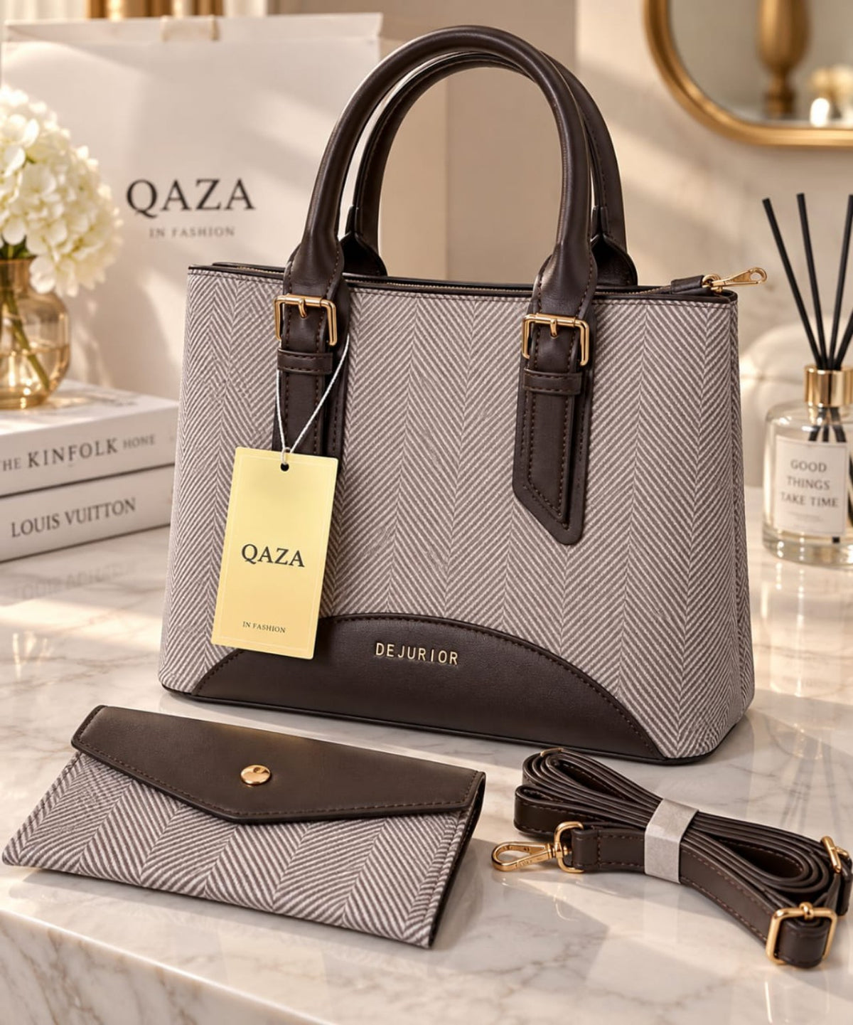 Ensemble QAZA marron chocolat 28 cm avec grand sac, mini-sac et bandoulière