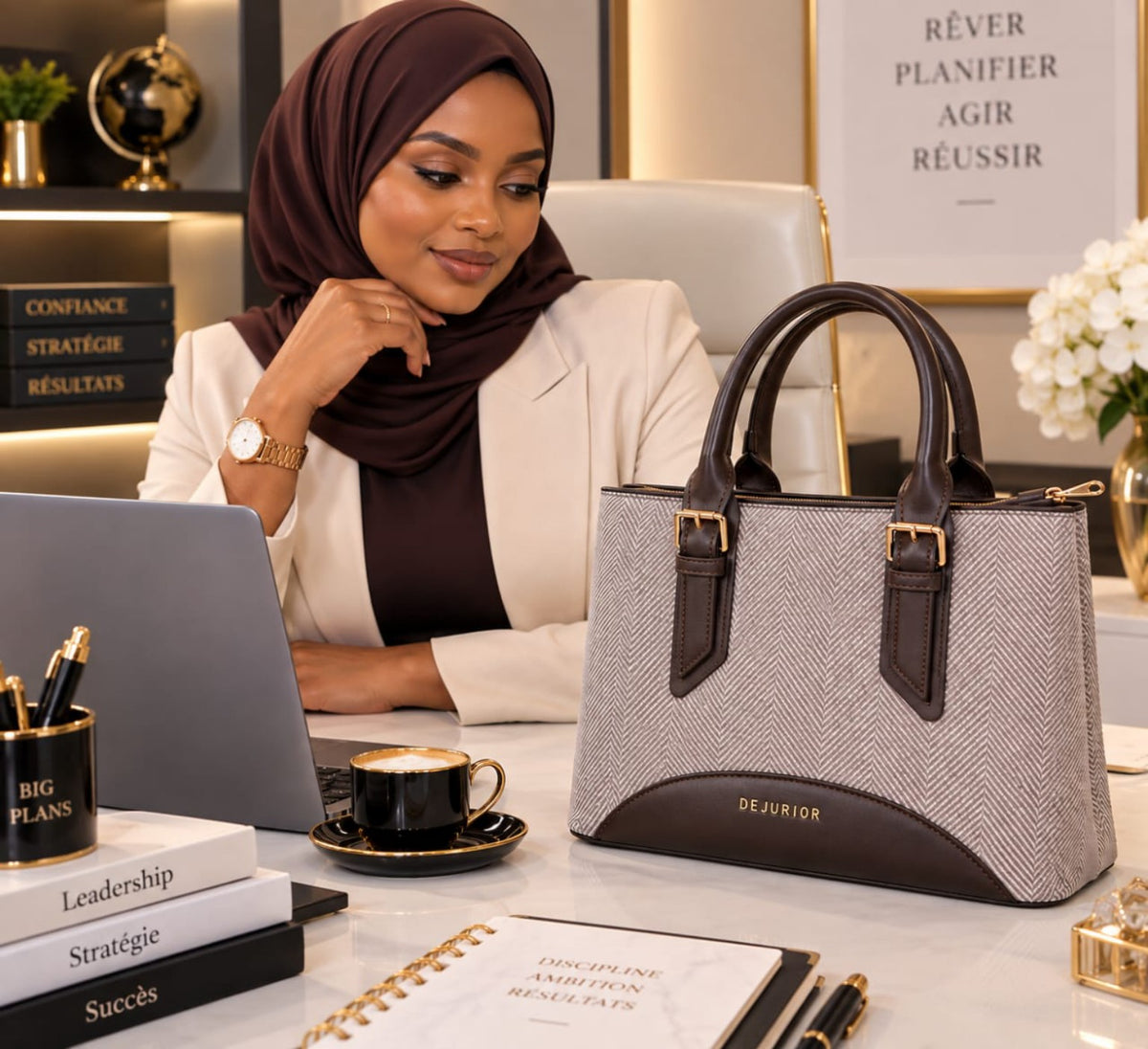 Grand sac QAZA marron chocolat 28 cm présenté dans un décor de bureau