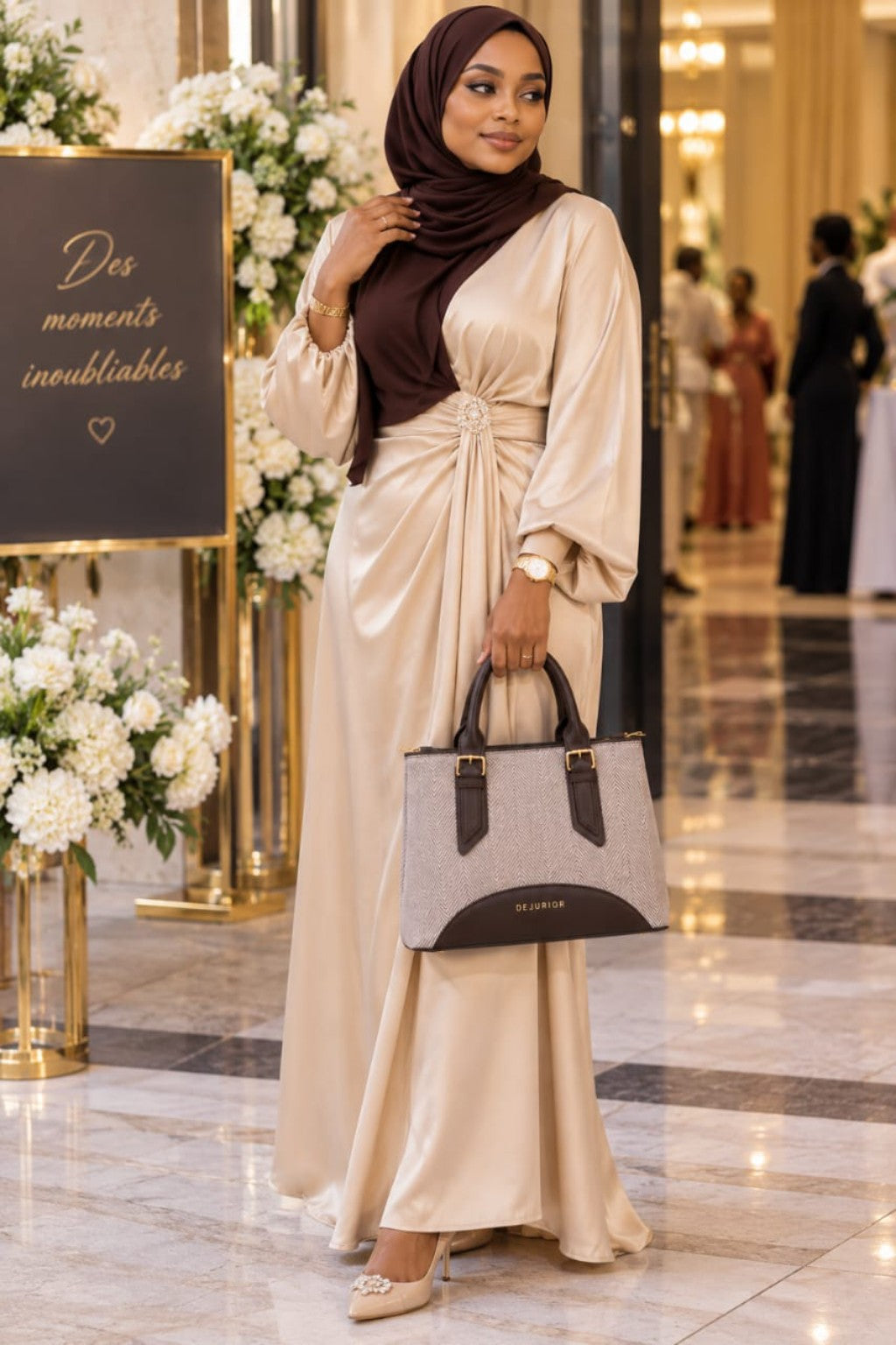 Sac QAZA marron chocolat 28 cm porté lors d’une cérémonie